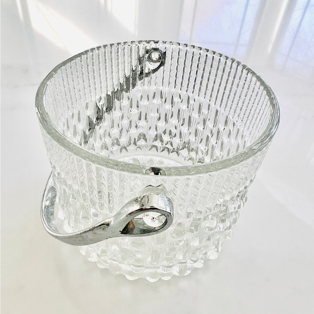 French Teleflora Mini Ice Bucket Textured Raindrop Crystal Glass with Handle 60s